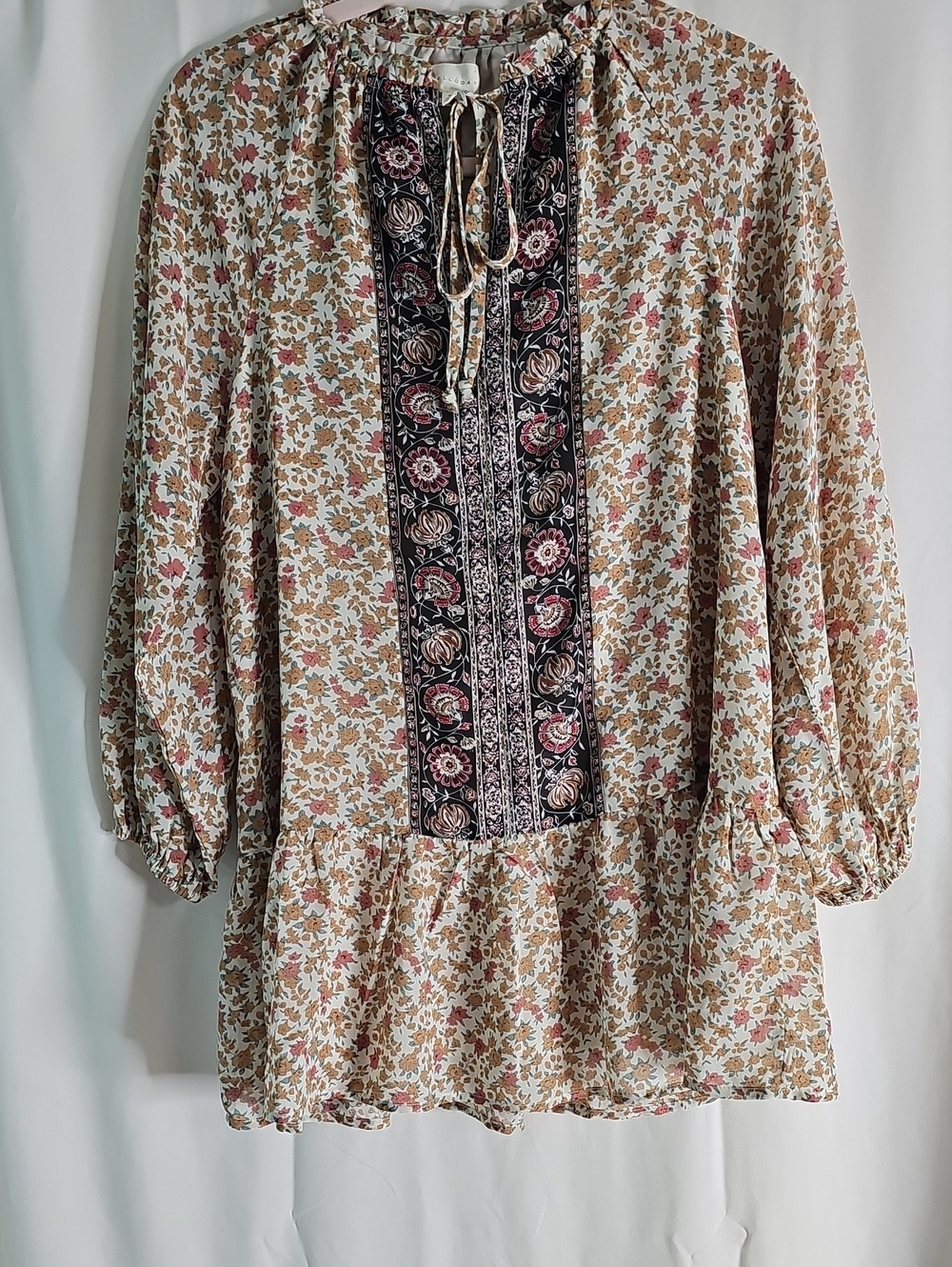 Boho Floral Peasant Blouse with Contrast Panel By Melloday